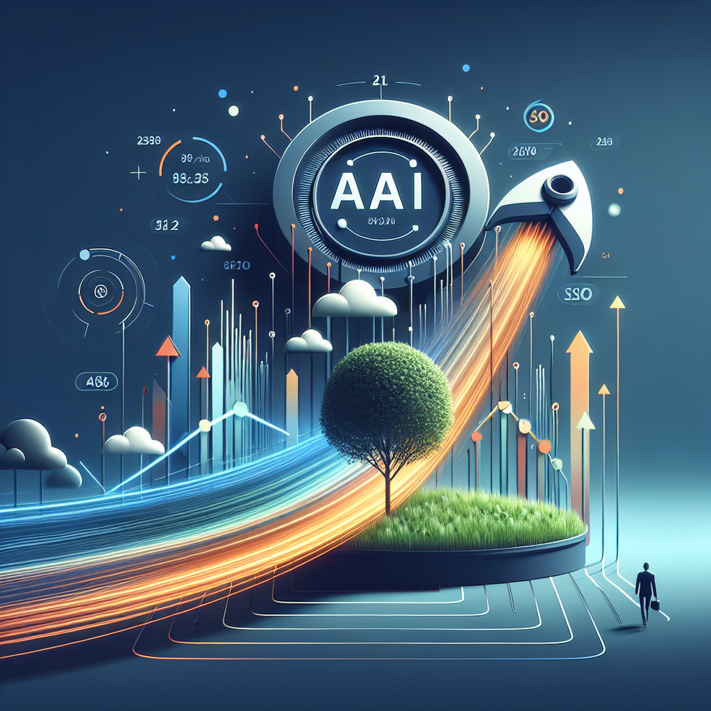 Minimalist illustration of AI SEO automation dashboard, content publishing workflow, analytics charts.